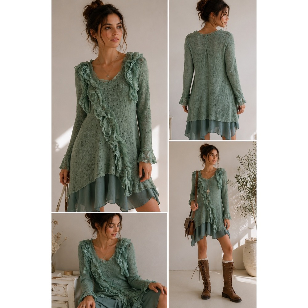 Pretty Angel Sage Green Crochet Ruffle Layered Tunic Dress Cottagecore Small - Picture 1 of 9